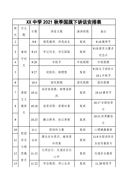 XX中学2021年秋季国旗下讲话安排表