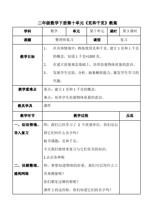 二年级数学下册 10.3《克和千克复习》【教案】