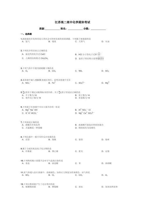 江苏高二高中化学期末考试带答案解析
