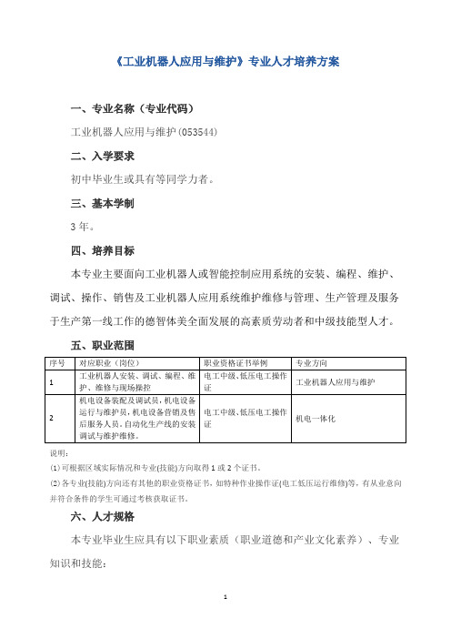 《工业机器人应用与维护》专业人才培养方案