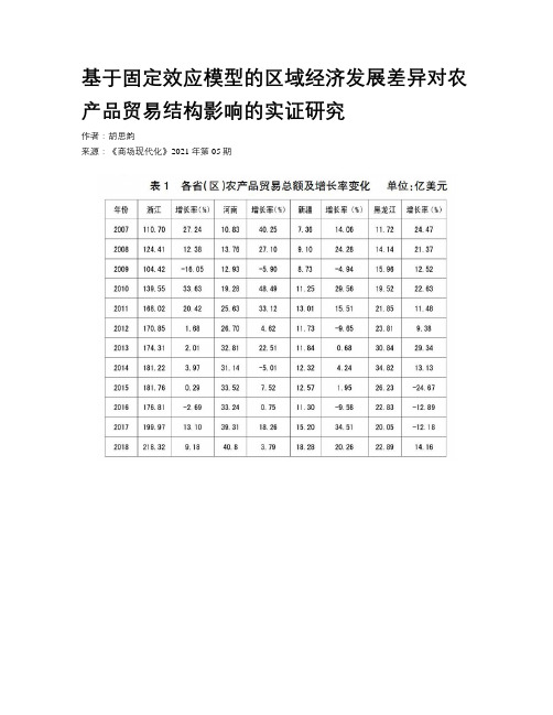 基于固定效应模型的区域经济发展差异对农产品贸易结构影响的实证研究