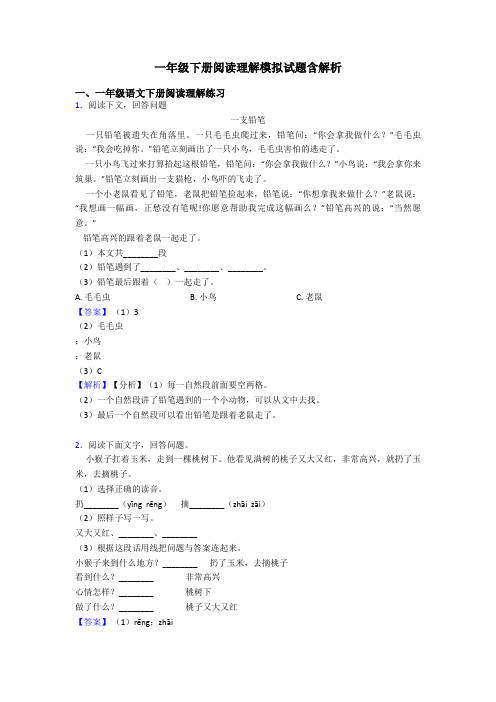 一年级下册阅读理解模拟试题含解析