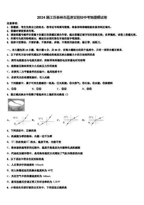 2024届江苏泰州市高港实验校中考物理模试卷含解析