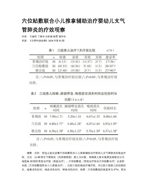 穴位贴敷联合小儿推拿辅助治疗婴幼儿支气管肺炎的疗效观察