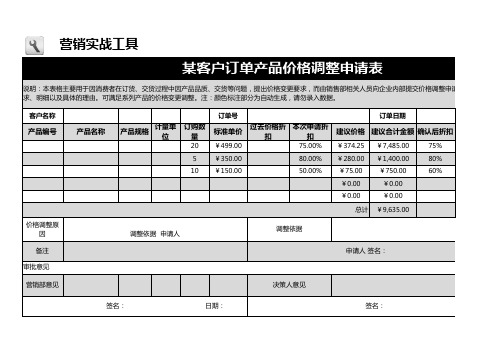 客户订单产品价格调整申请表