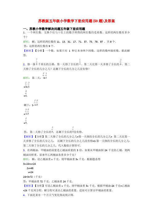 苏教版五年级小学数学下册应用题(50题)及答案