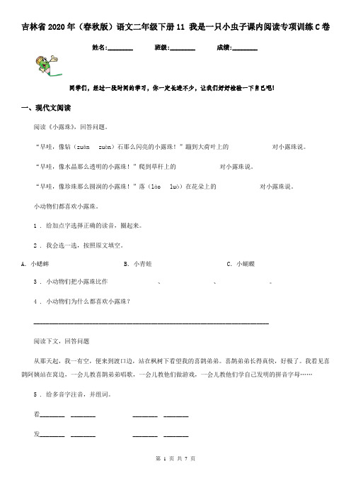 吉林省2020年(春秋版)语文二年级下册11 我是一只小虫子课内阅读专项训练C卷