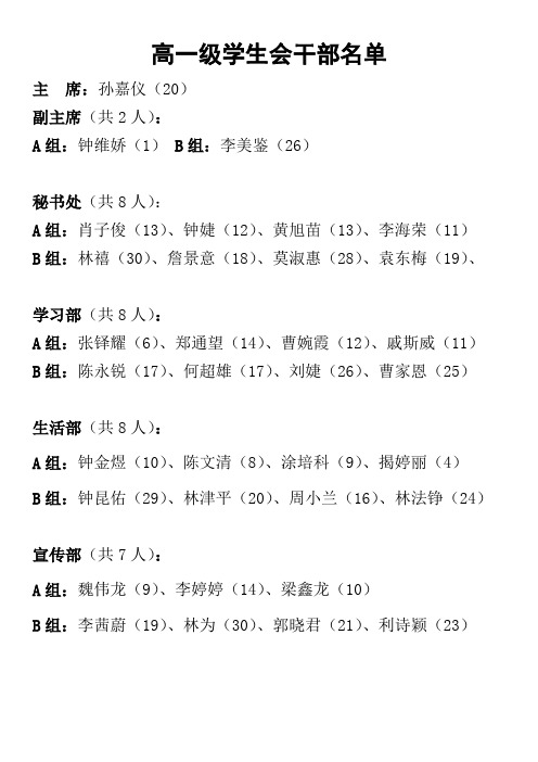 高一学生会干部名单(第一学期)