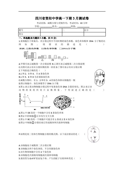 四川省资阳中学2016-2017学年高一下学期3月测试生物试题 Word版含答案