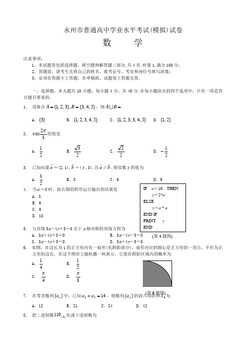 湖南省永州市普通高中学业水平考试模拟试卷(数学).doc