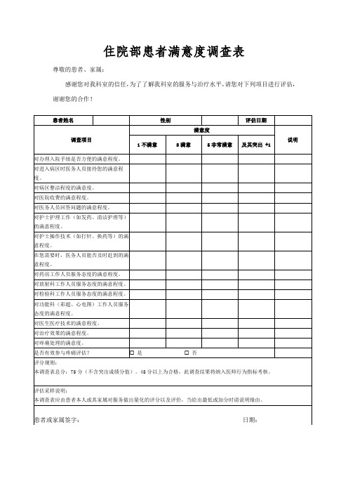 住院部患者满意度调查表