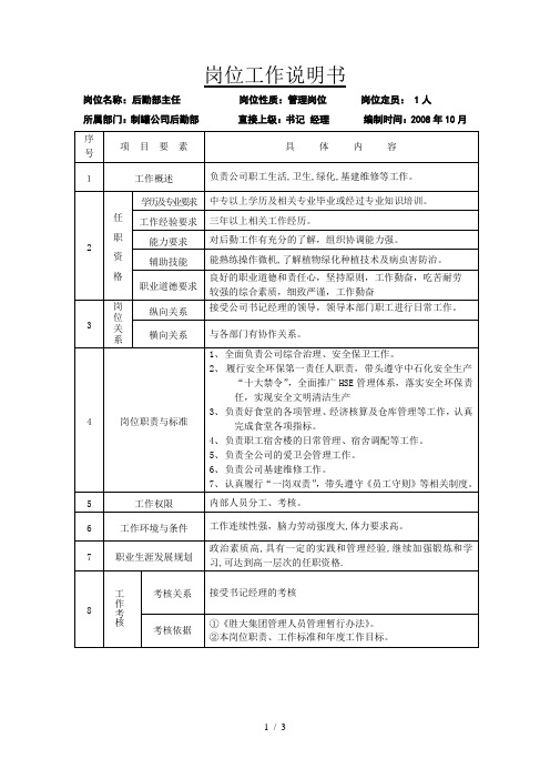 公司后勤部岗位说明书全套模板