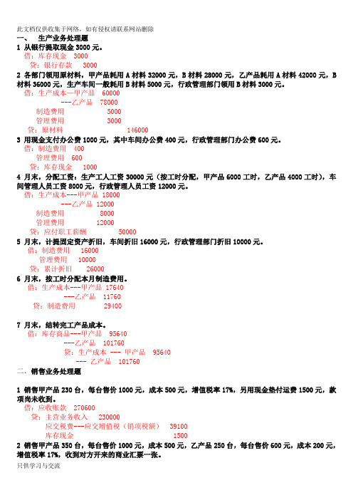 基础会计学综合分录练习题及答案培训课件