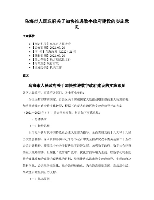 乌海市人民政府关于加快推进数字政府建设的实施意见