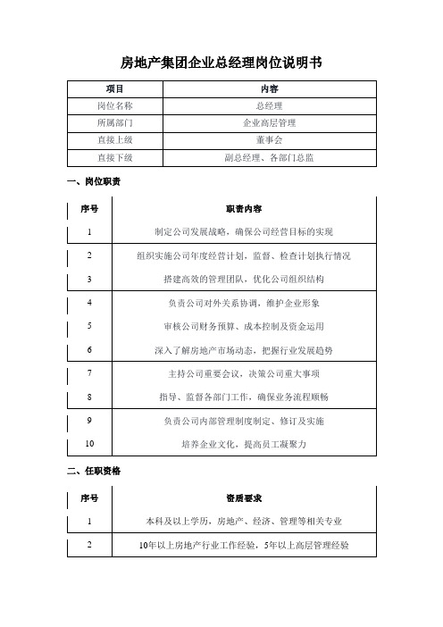 房地产集团企业总经理岗位说明书