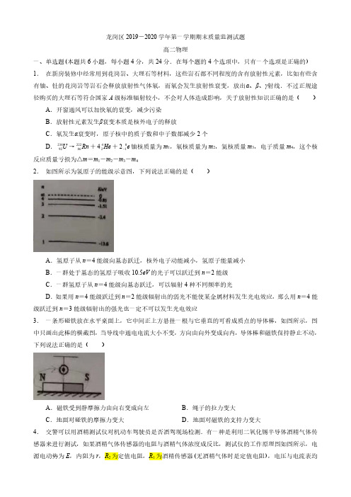 【物理 高二(上)】2019-2020年深圳龙岗区高二第一学期期末考试物理试卷