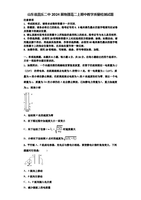 山东省昌乐二中2024届物理高二上期中教学质量检测试题含解析