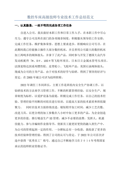 数控车床高级技师专业技术工作总结范文