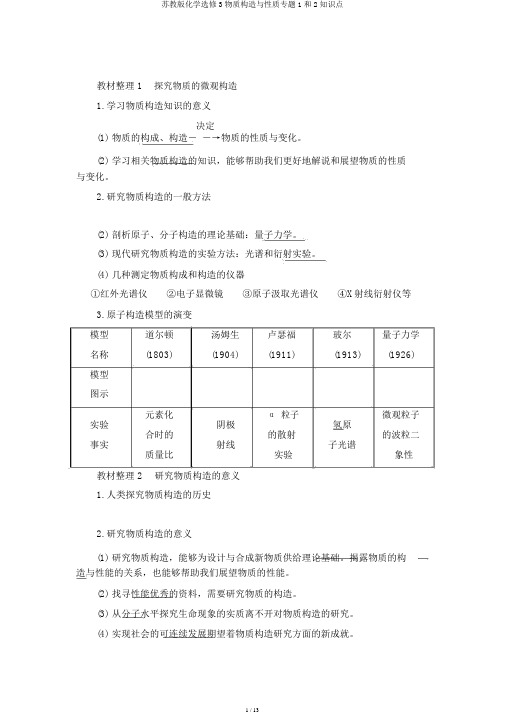 苏教版化学选修3物质结构与性质专题1和2知识点