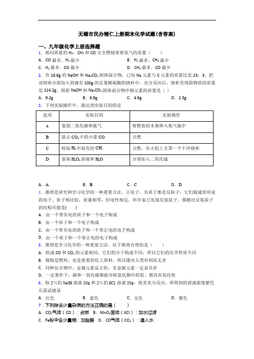 无锡市民办辅仁初三化学上册期末化学试题(含答案)