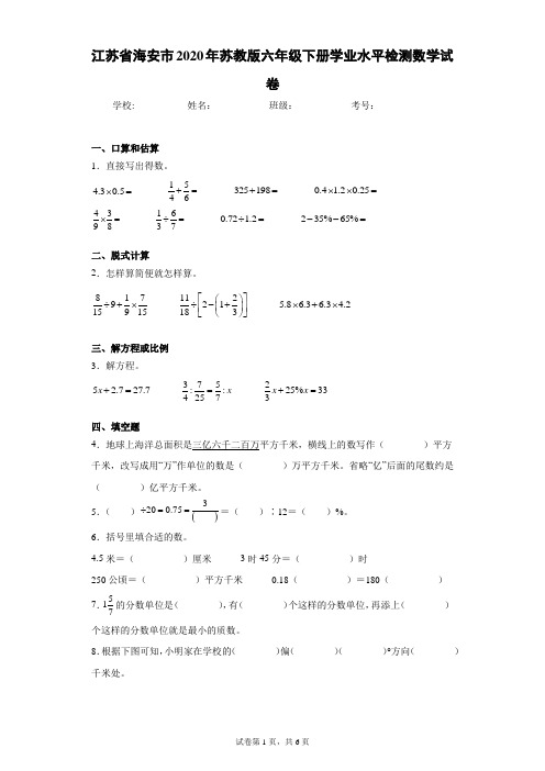 江苏省海安市2020年苏教版六年级下册学业水平检测数学试卷(含答案解析)