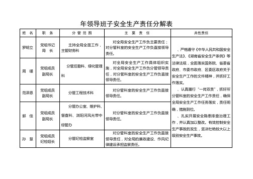 领导班子安全生产责任分解表