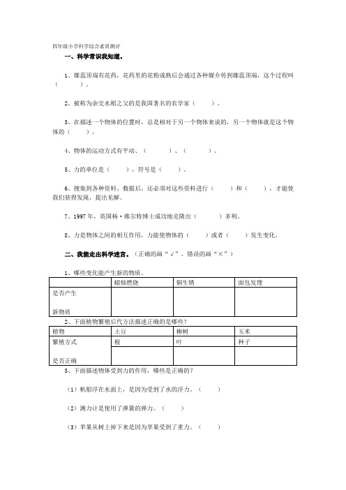 四年级小学科学综合素质测评