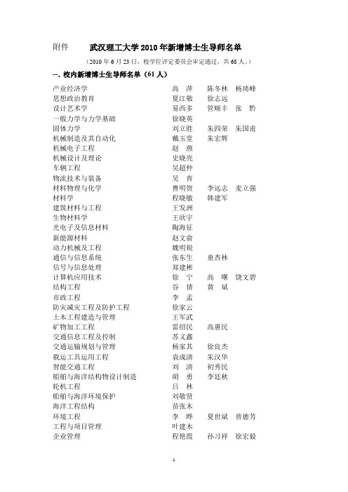 武汉理工大学2010年新增博士生导师名单