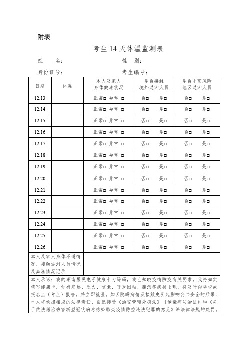 湖南地区·考生14天体温监测表