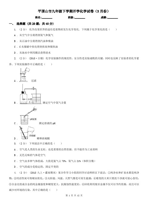 平顶山市九年级下学期开学化学试卷(3月份)