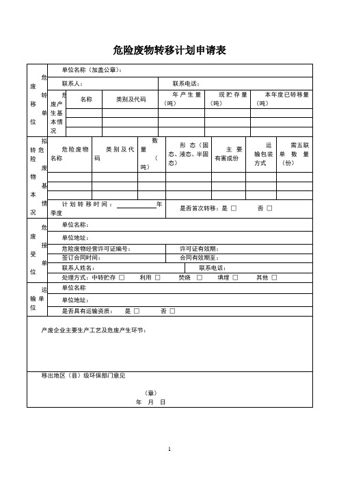 危险废物转移计划申请表