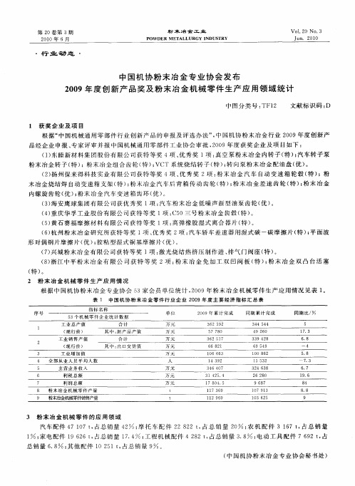 中国机协粉末冶金专业协会发布2009年度创新产品奖及粉末冶金机械零件生产应用领域统计