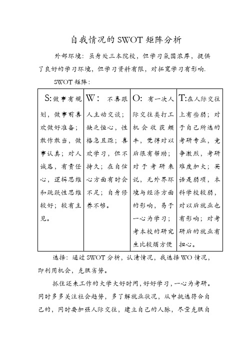 自我情况的SWOT矩阵分析