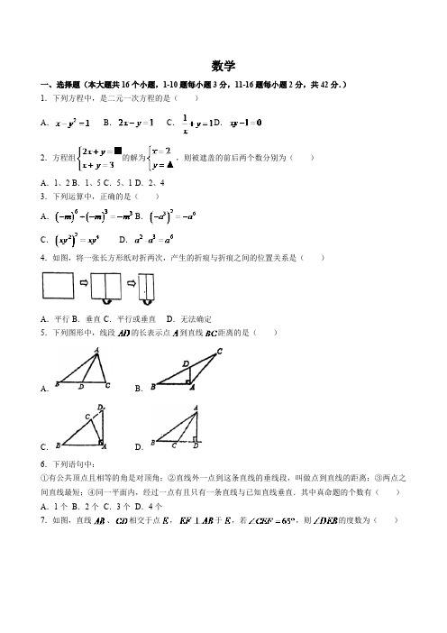 河北省石家庄市第四十二中学2023-2024学年七年级下学期期中考试数学试卷(含答案)