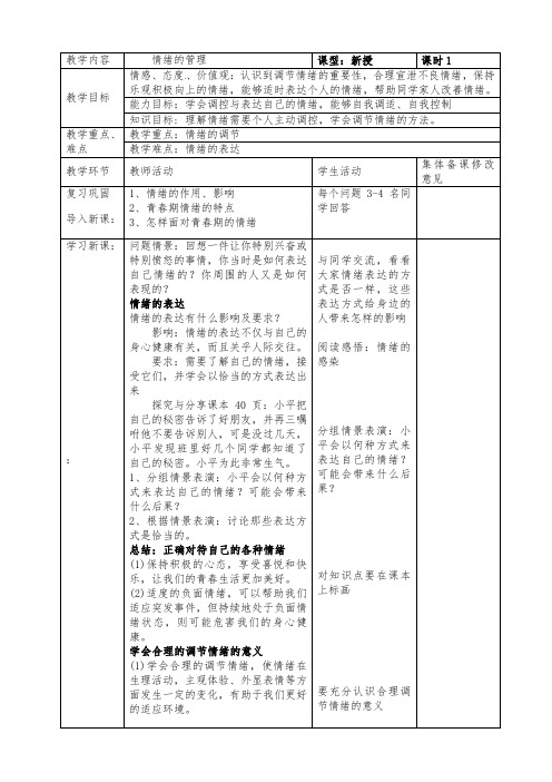 人教版道德与法治七年级下册 4.2 情绪的管理 教案设计