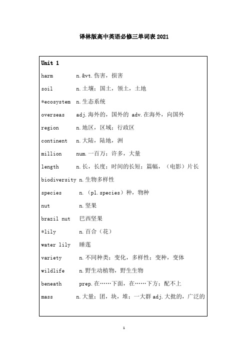 译林版高中英语必修三单词表2021