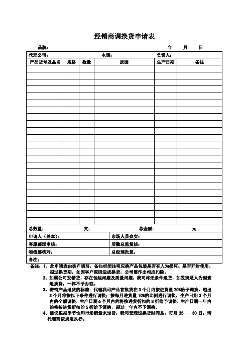 经销商调换货申请表