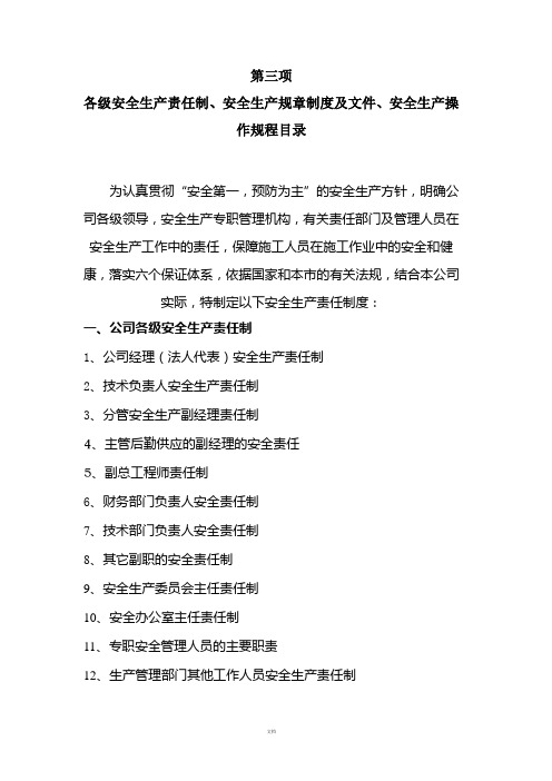 公司各级安全生产责任制、安全生产规章制度及文件、安全生产操作规程目录