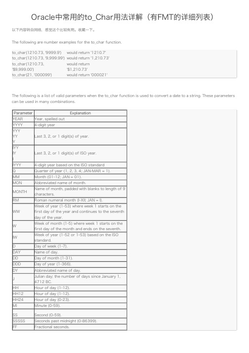 Oracle中常用的to_Char用法详解（有FMT的详细列表）