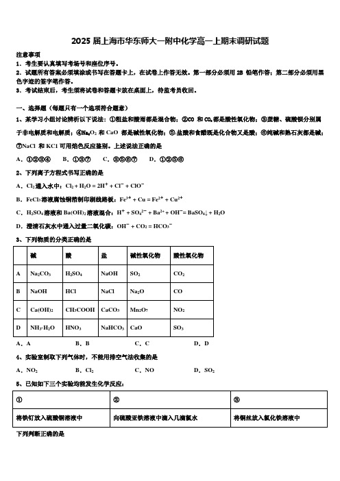 2025届上海市华东师大一附中化学高一上期末调研试题含解析