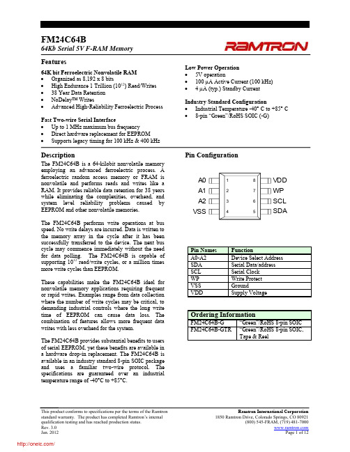 FM24C64B-GTR;FM24C64B-G;中文规格书,Datasheet资料