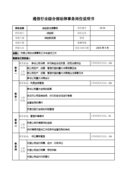 通信行业综合部法律事务岗位说明书