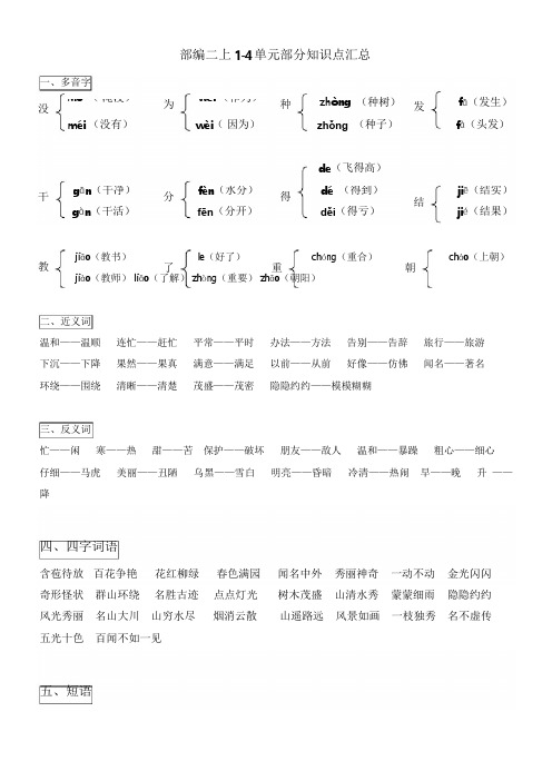 2017新人教版部编人教版二年级语文部编二上1-4单元部分知识点汇总