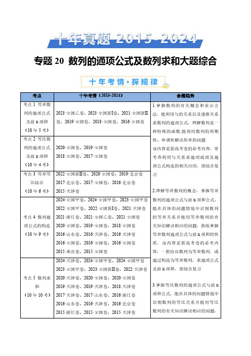 数列的通项公式及数列求和大题综合(学生卷)十年(2015-2024)高考真题数学分项汇编(全国通用)