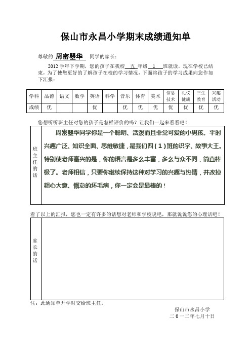 保山市永昌小学期末成绩通知单13