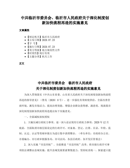 中共临沂市委员会、临沂市人民政府关于深化制度创新加快流程再造的实施意见