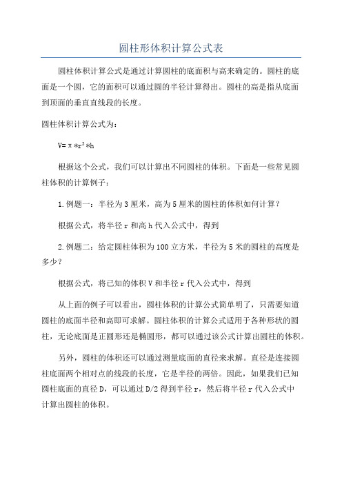 圆柱形体积计算公式表