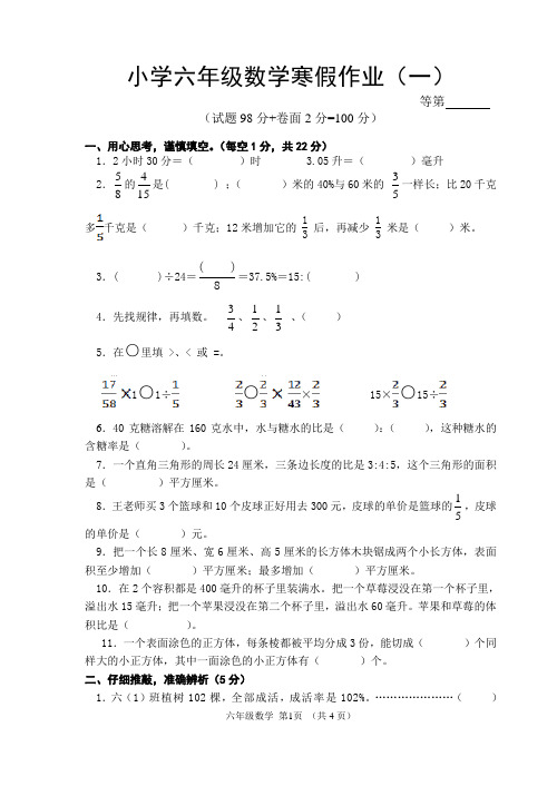 寒假作业(一)(假期作业)-2024-2025学年六年级上册数学苏教版