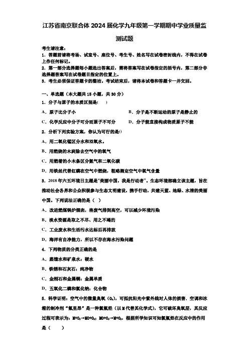 江苏省南京联合体2024届化学九年级第一学期期中学业质量监测试题含答案解析