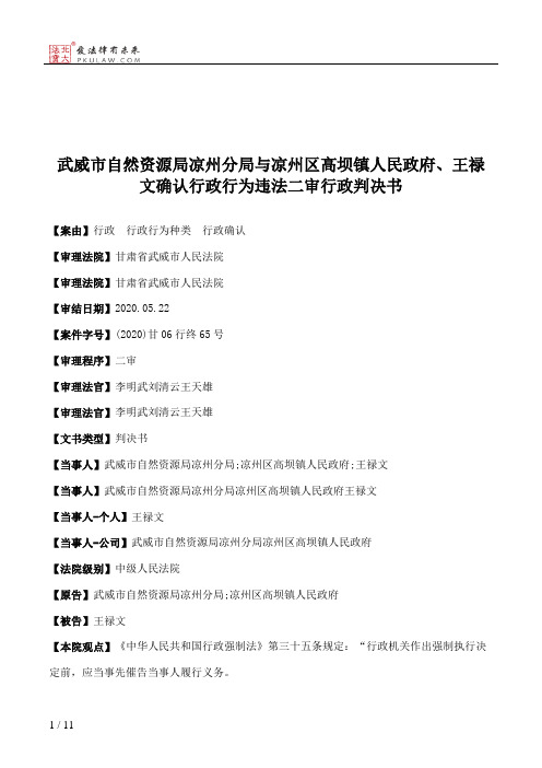 武威市自然资源局凉州分局与凉州区高坝镇人民政府、王禄文确认行政行为违法二审行政判决书